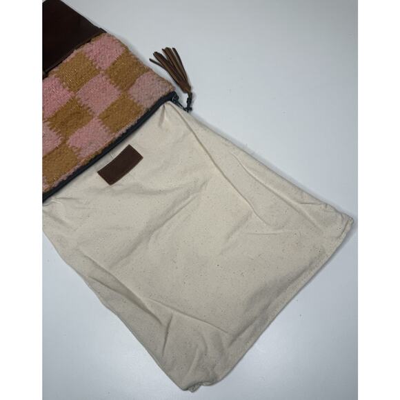 Nena & Co Artisan Handmade Clutch Large Brown Leather Wool Convertible Lined Bag - Picture 7 of 9